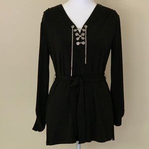 Black long sleeve tie waist blouse